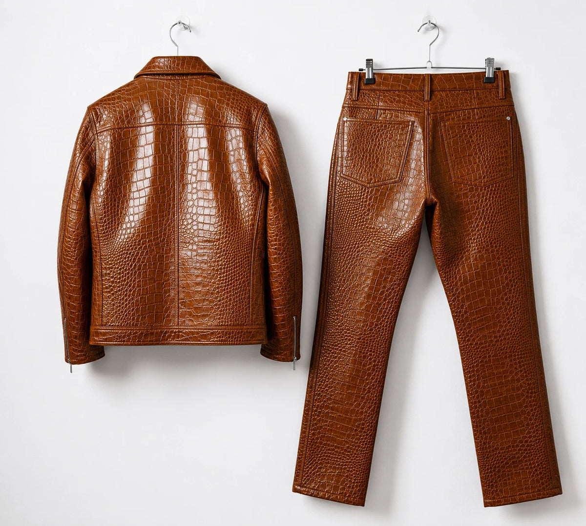 Men's Brown Crocodile-Embossed Leather Suit Set