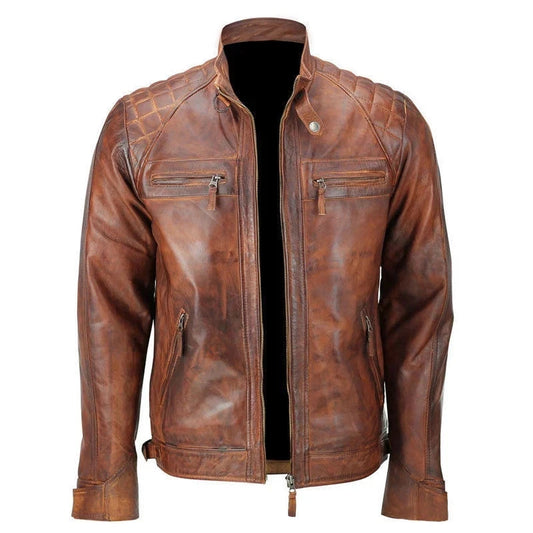Men's Brown Distressed Leather Cafe Racer Jacket
