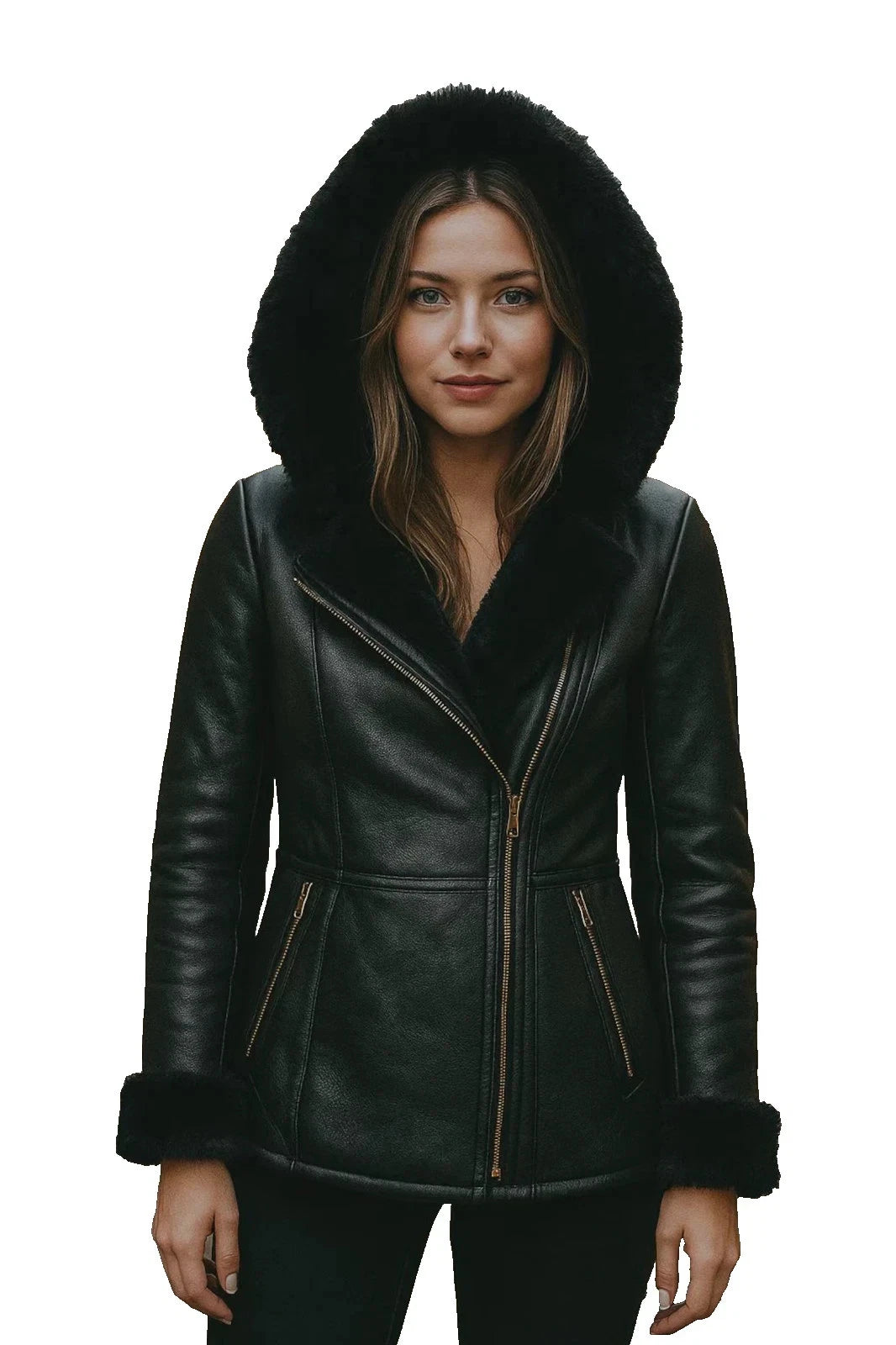 Women's Black Sheepskin Leather Hoodie