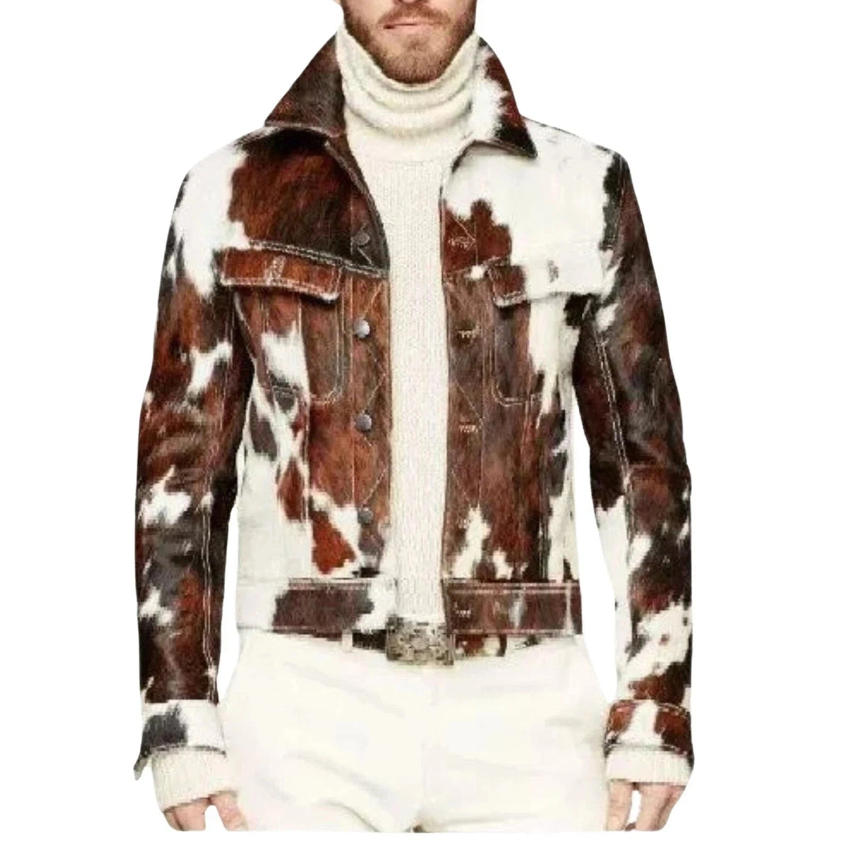 Men's Brown & White Cowhide Trucker Jacket
