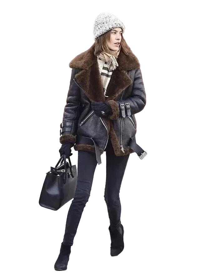 Women's Black Leather Aviator Jacket