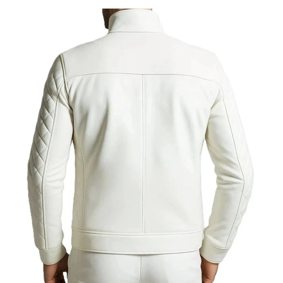 Men's White Lambskin Leather Bomber Jacket Handmade Quilted Biker Jacket