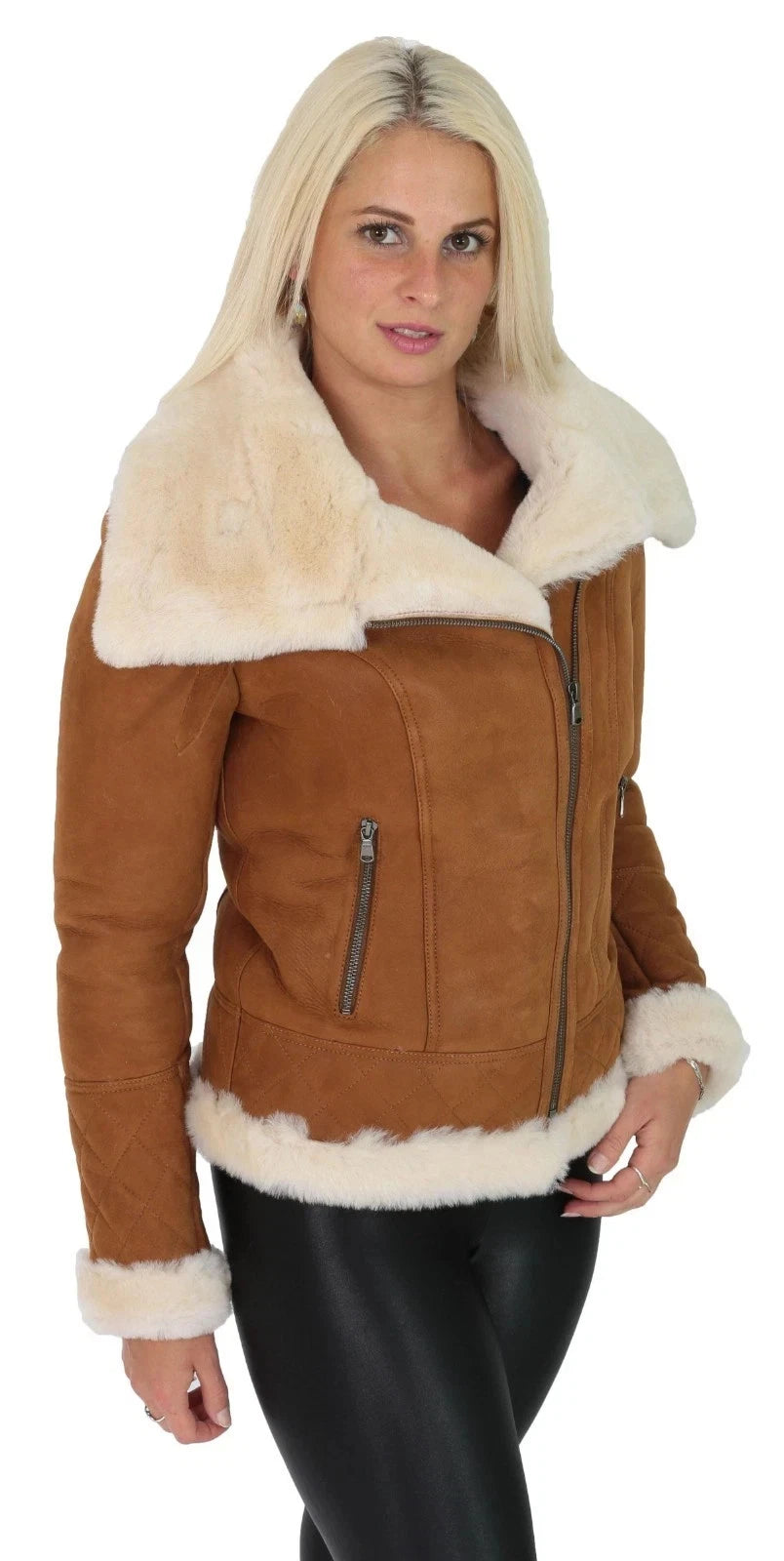 Women's Tan Brown Leather Jacket, Oversized Collar