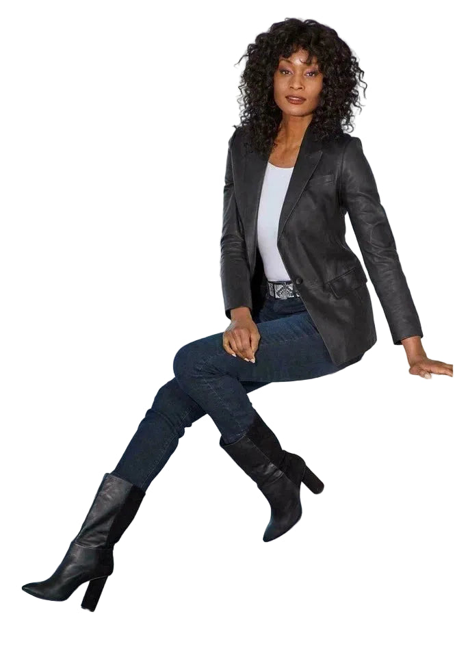 Women's Black Real Lambskin Leather Blazer Handmade Classic Stylish Coat