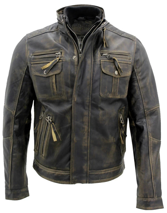 Men's Black Distressed Leather Biker Jacket