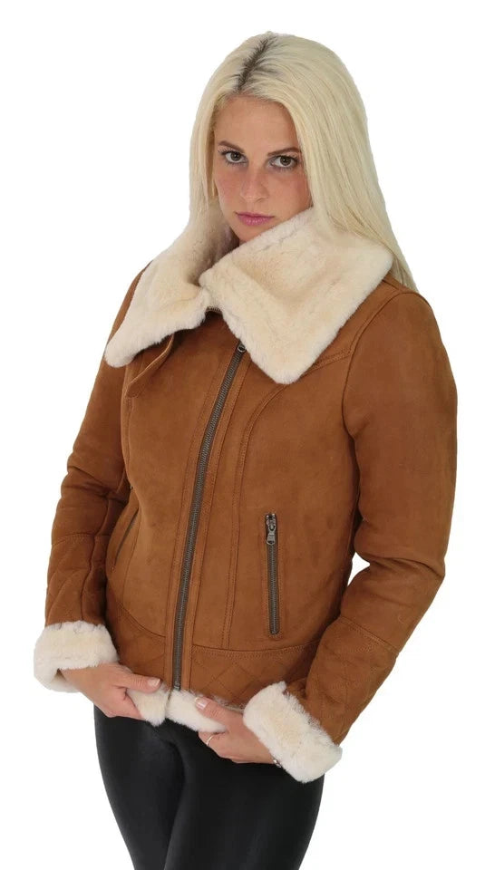 Women's Tan Brown Leather Jacket, Oversized Collar