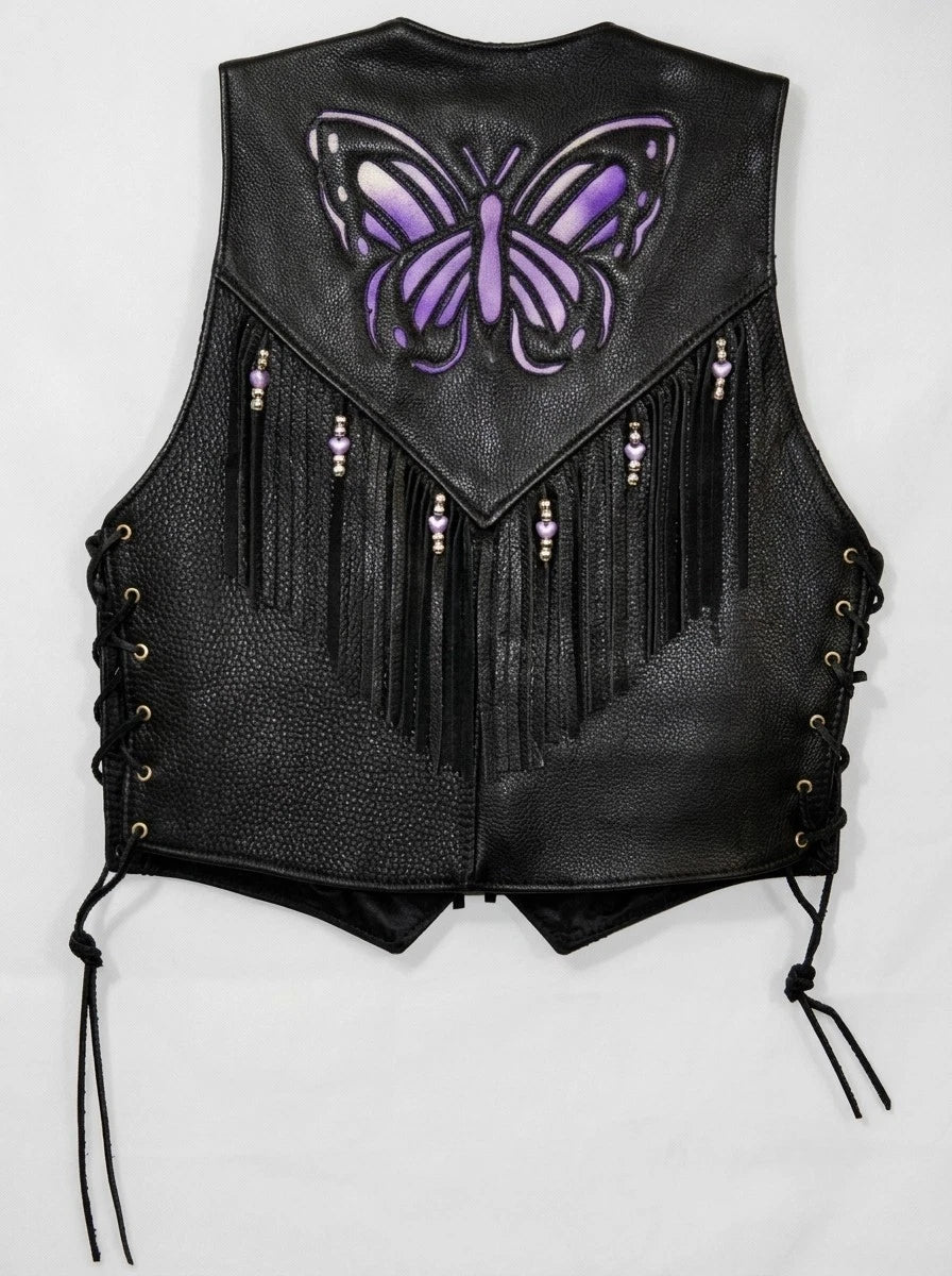 Women's Black Genuine Leather Vest Fringe Biker Motorcycle Butterfly Waistcoat