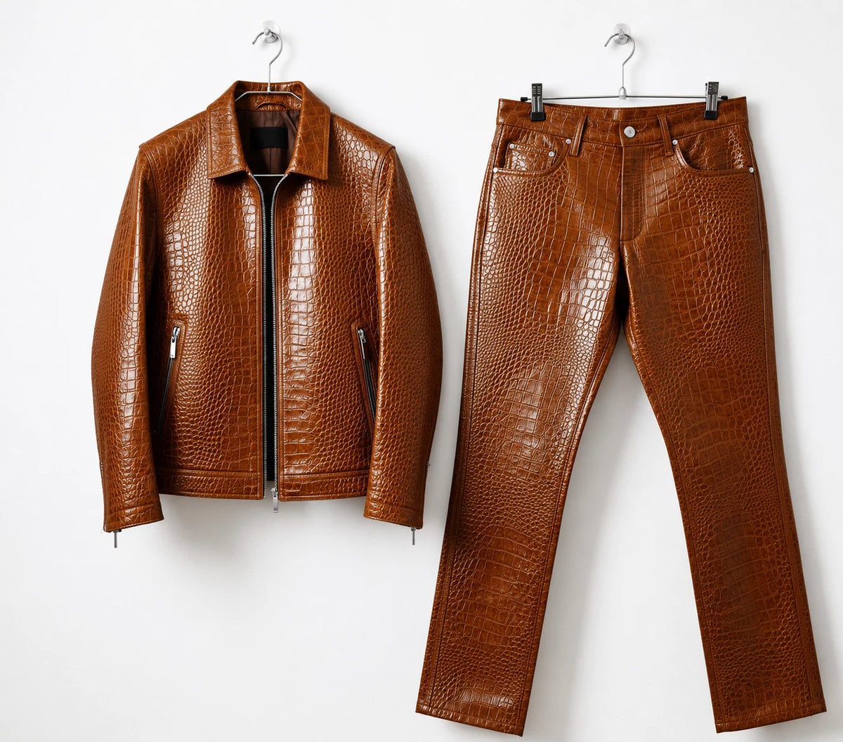 Men's Brown Crocodile-Embossed Leather Suit Set