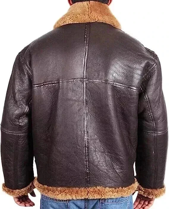 Men's Brown Sheepskin Bomber Jacket, Wide Collar