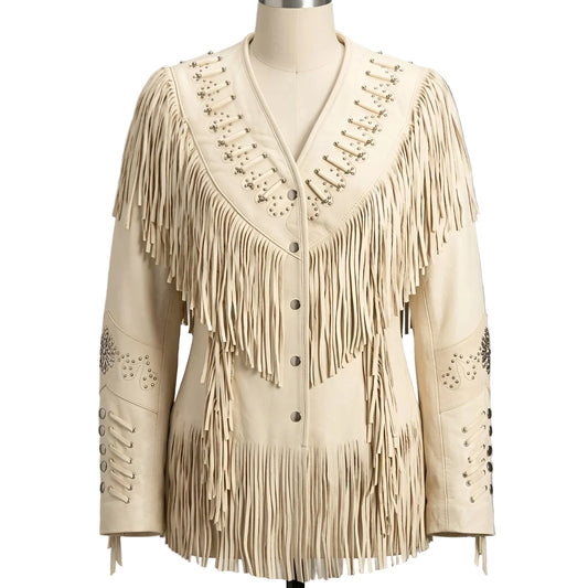Women's Off-White Genuine Lambskin Leather Jacket Cowgirl Native Coat