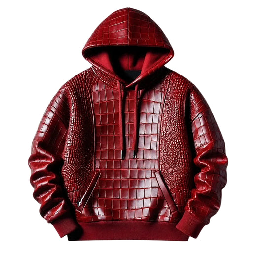 Men's Red Crocodile-Embossed Lambskin Hooded Jacket