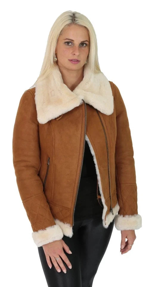 Women's Tan Brown Leather Jacket, Oversized Collar