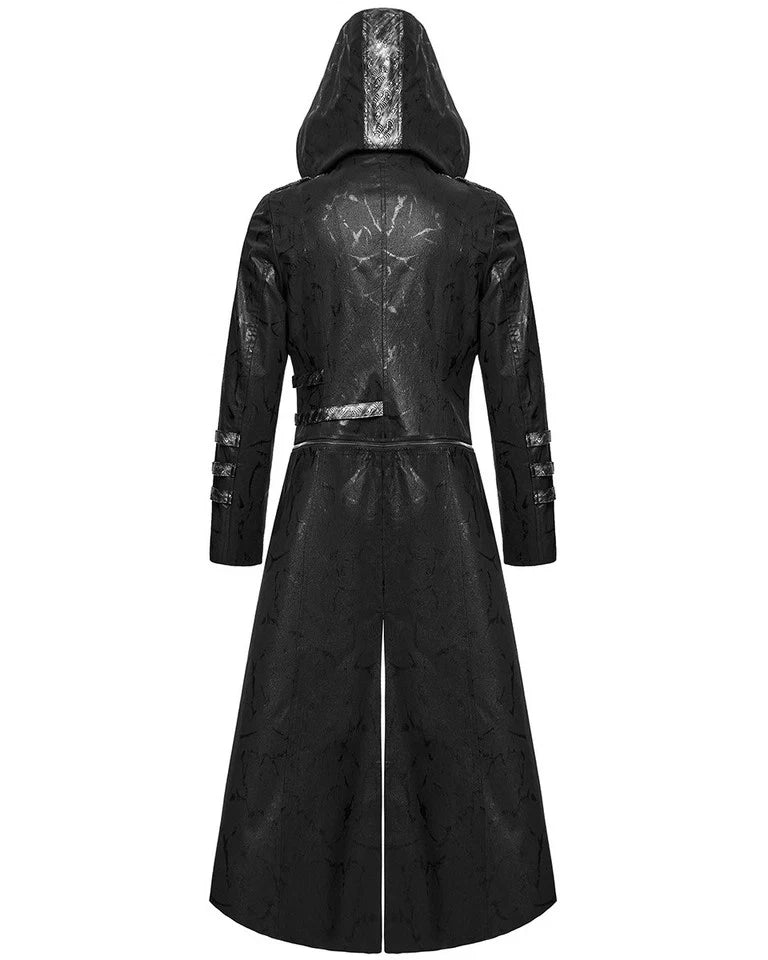 Men's Black Leather Hooded Gothic Trench Coat