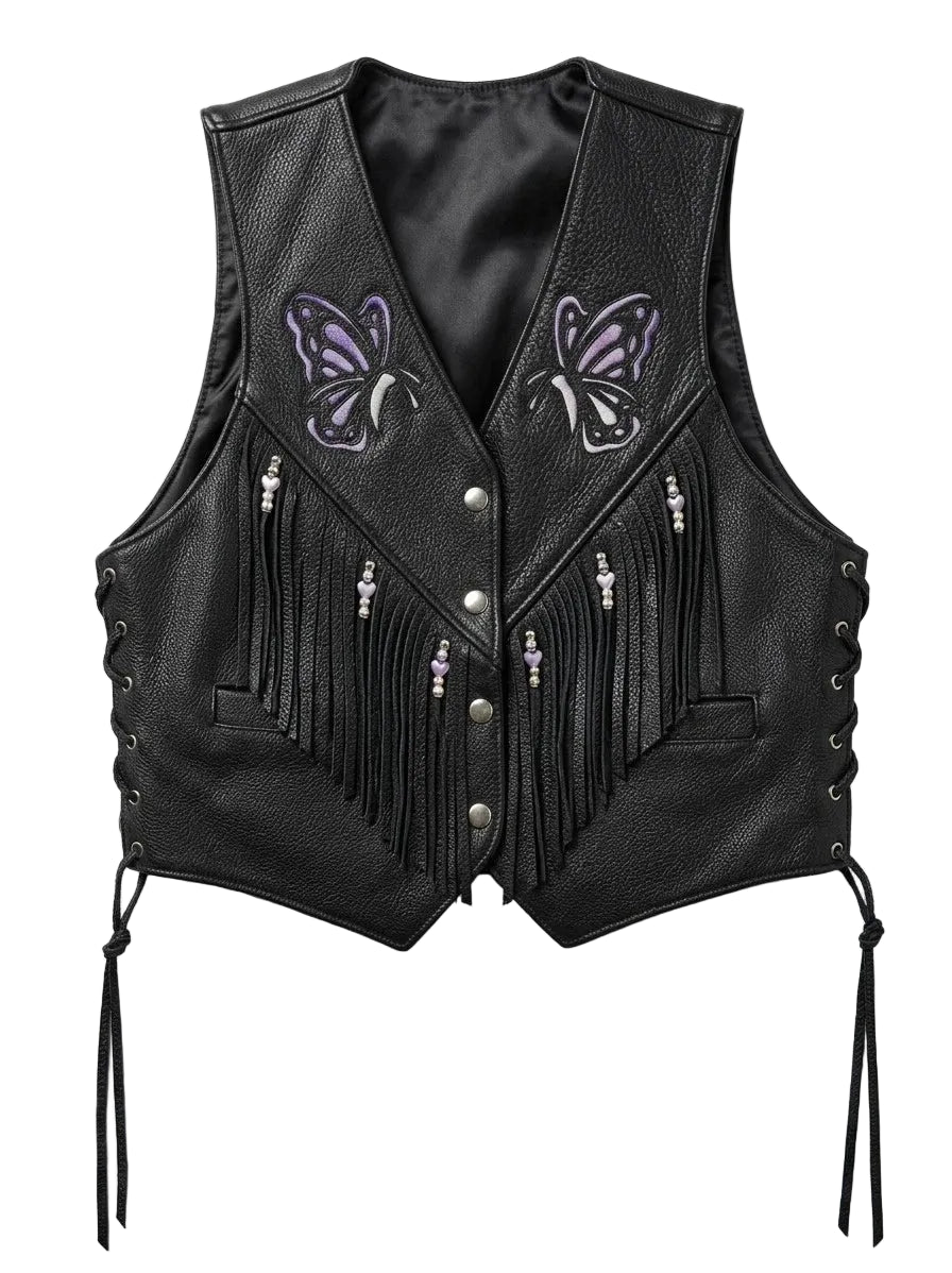 Women's Black Genuine Leather Vest Fringe Biker Motorcycle Butterfly Waistcoat