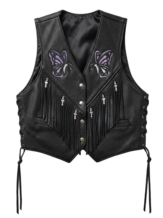 Women's Black Genuine Leather Vest Fringe Biker Motorcycle Butterfly Waistcoat