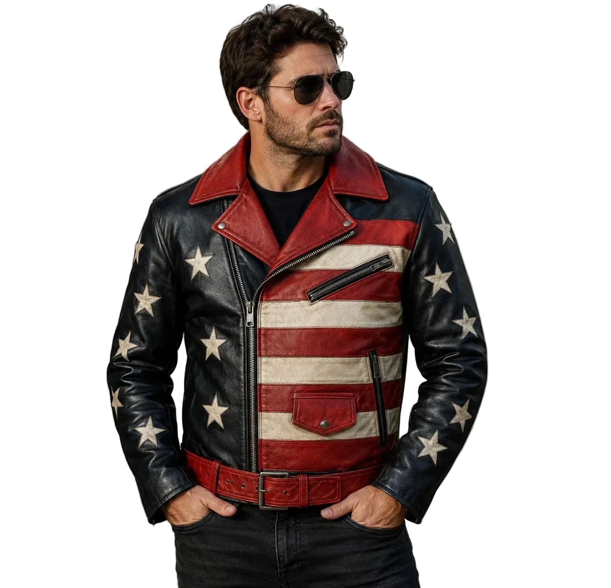 Men's Black Red American Flag Real Sheep Leather Biker USA Stars Stripes Jacket