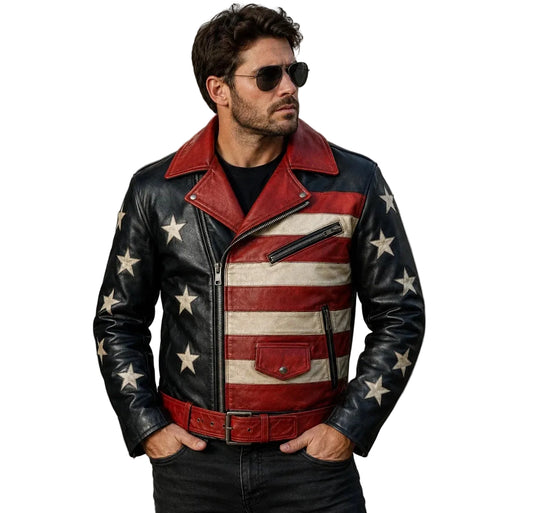 Men's Black Red American Flag Real Sheep Leather Biker USA Stars Stripes Jacket