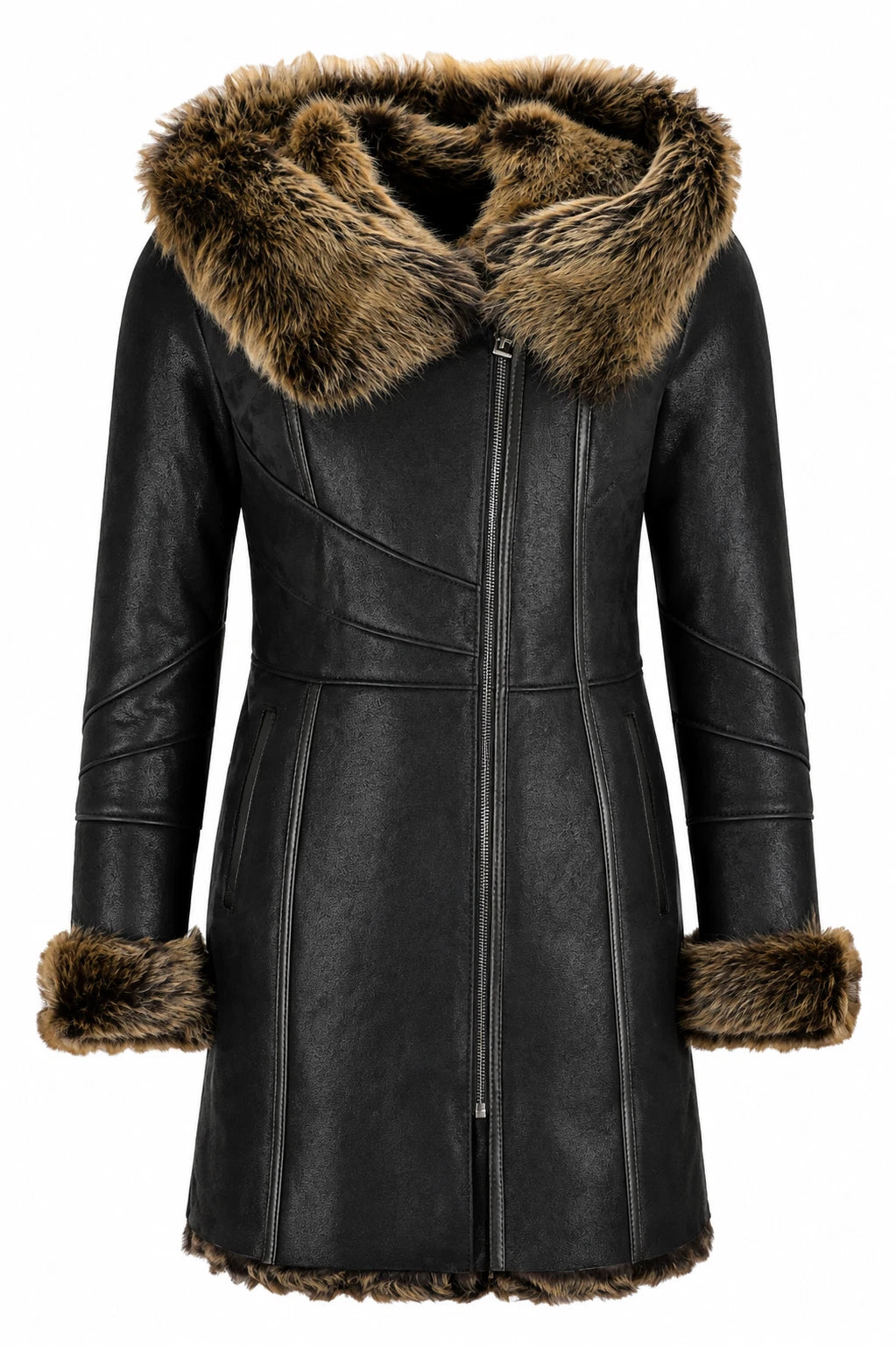 Women's Black Genuine Sheepskin Leather Handmade Winter Long Coat Classic Jacket