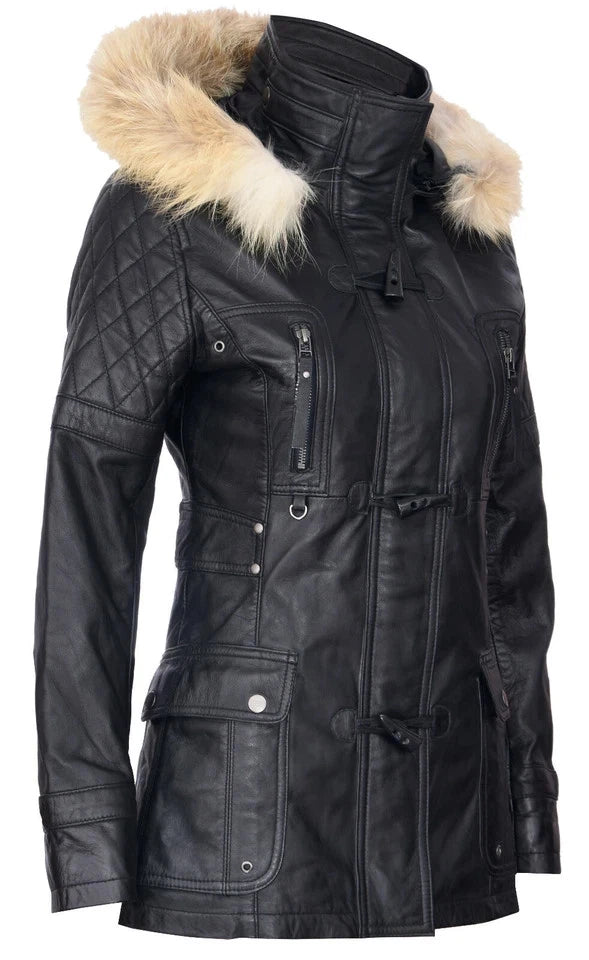 Women's Black Sheepskin Leather Hooded Trench Coat