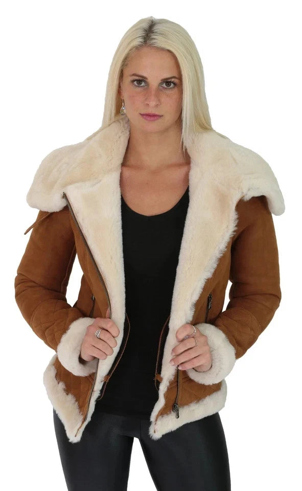 Women's Tan Brown Leather Jacket, Oversized Collar