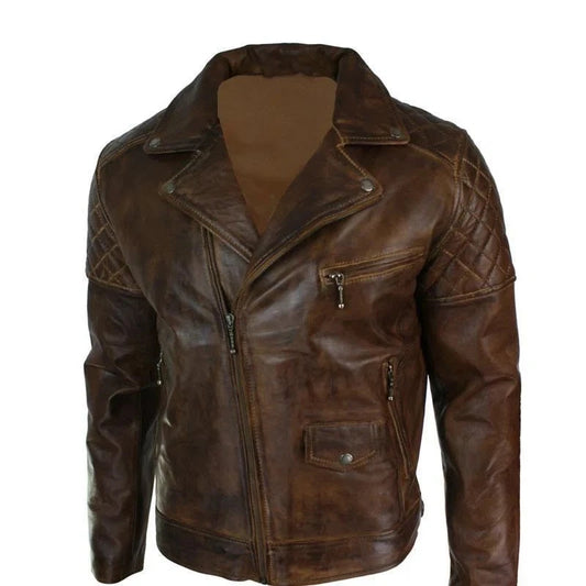 Men's Brown Distressed Leather Biker Jacket