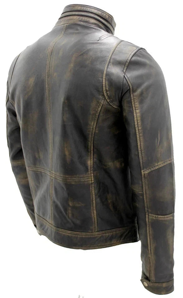 Men's Black Distressed Leather Biker Jacket