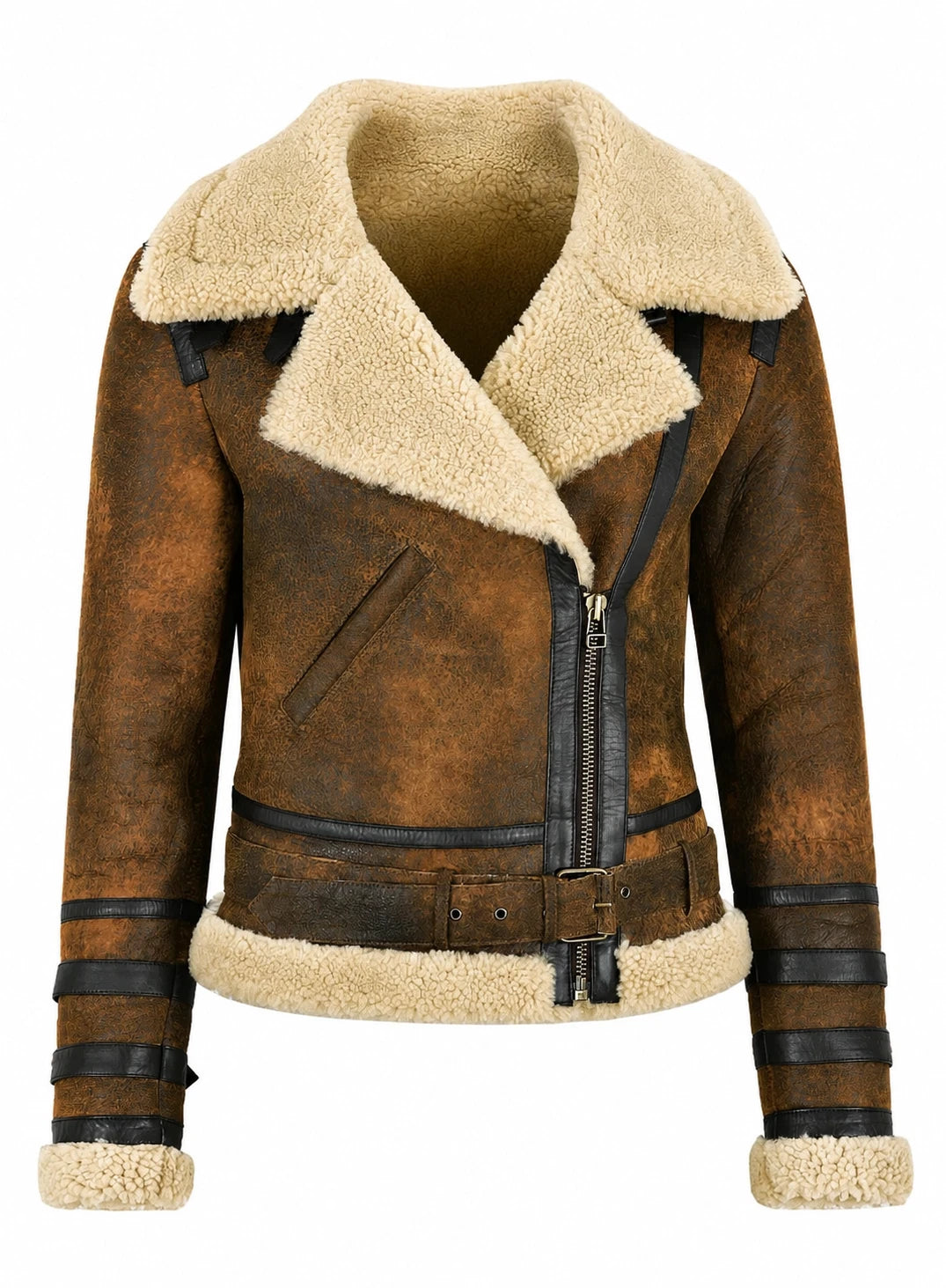 Women's Brown Distressed Sheepskin Biker Jacket