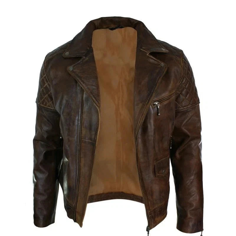 Men's Brown Distressed Leather Biker Jacket