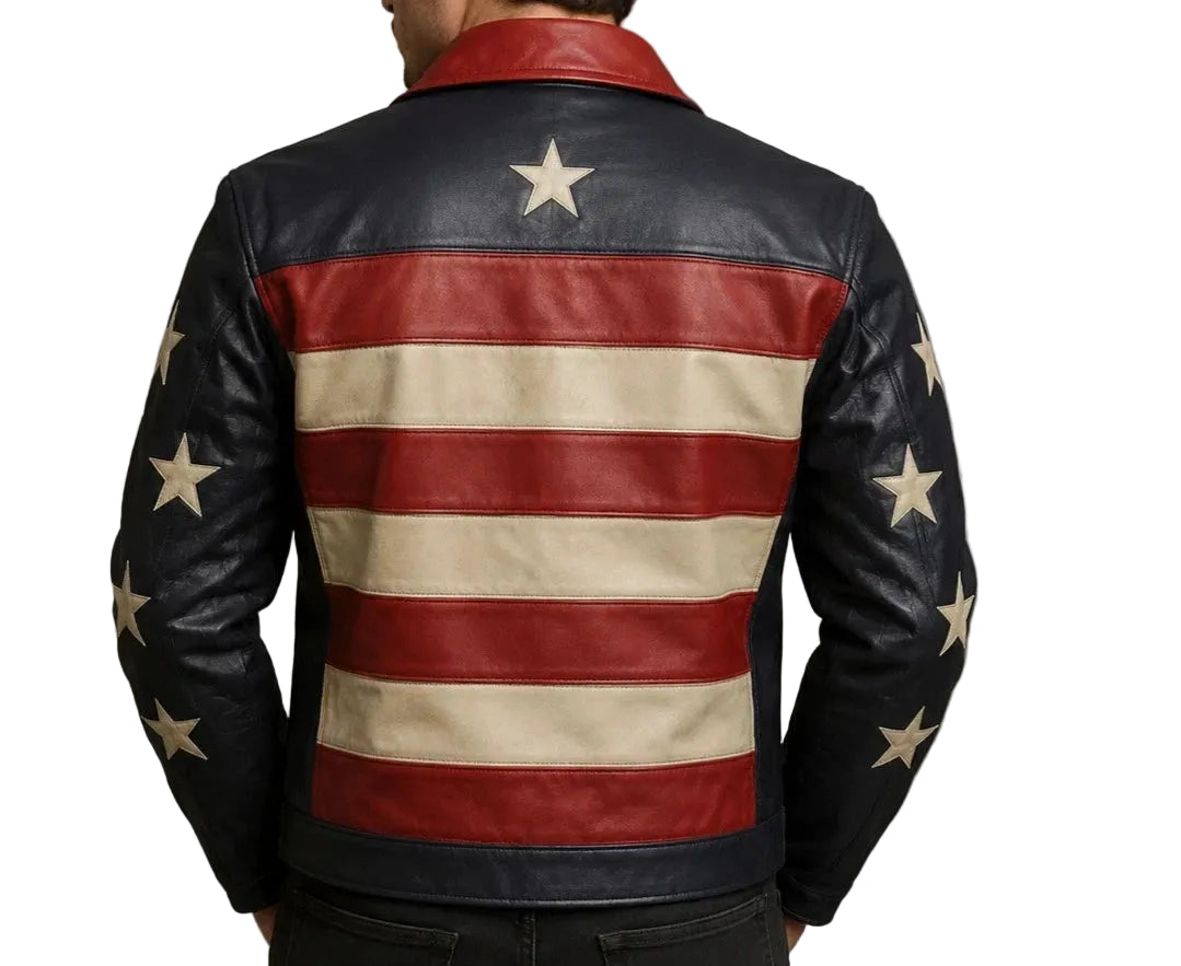 Men's Black Red American Flag Real Sheep Leather Biker USA Stars Stripes Jacket