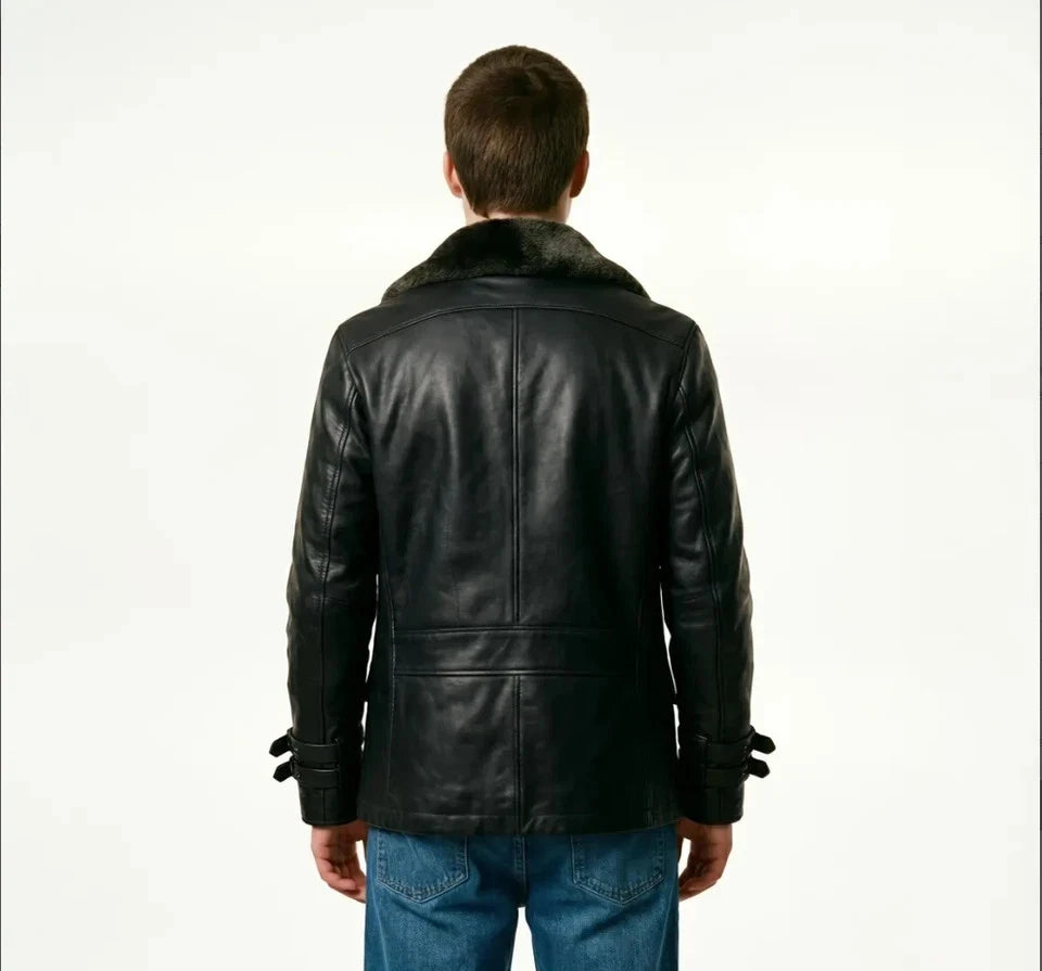 Men's Black Leather Double-Breasted Fur-Collar Coat