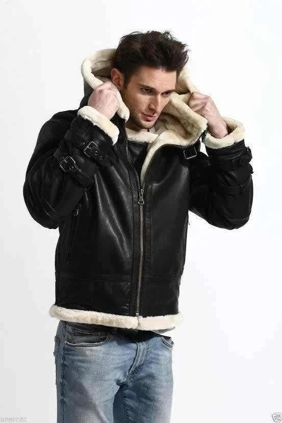 Men's Black Leather B3 Bomber Jacket