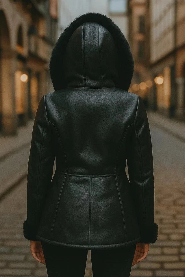 Women's Black Sheepskin Leather Hoodie