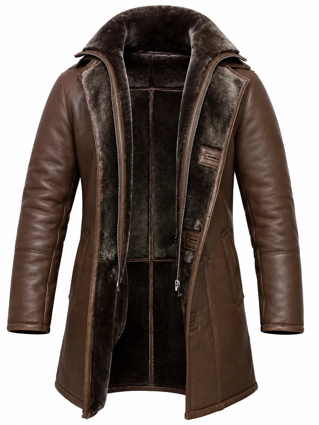 Men's Brown Sheepskin Leather Long Coat