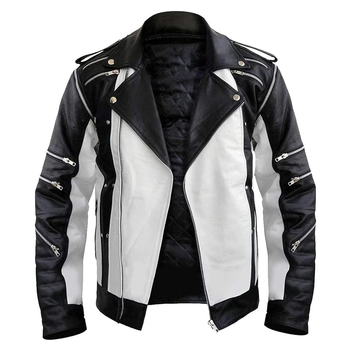 Men's Black White Leather Biker Jacket