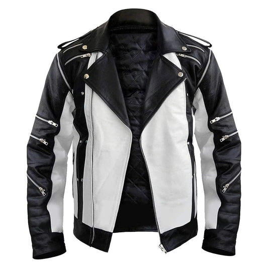 Men's Black White Leather Biker Jacket