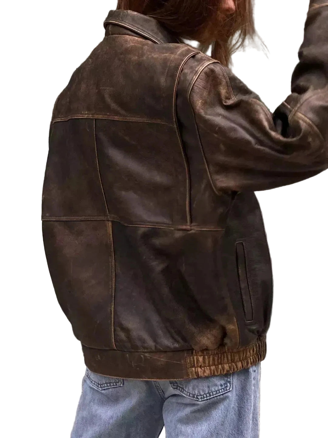 Women's Brown Crackled Leather Bomber Jacket