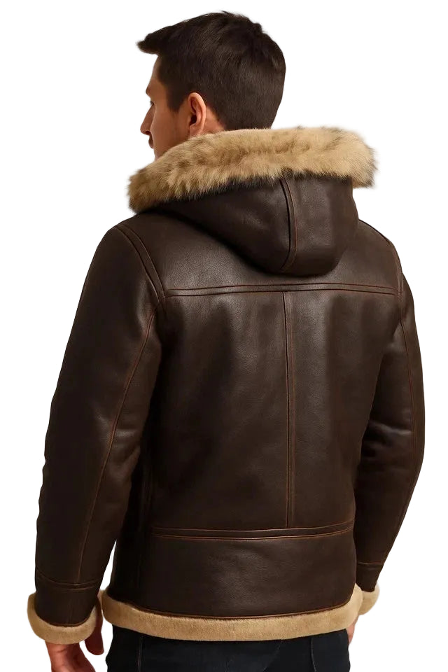 Men's Brown Leather Hooded Winter Jacket