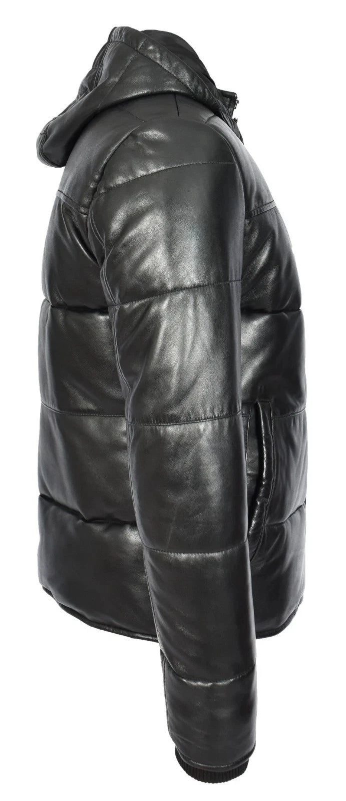 Men's Black Sheep Leather Hooded Puffer Jacket
