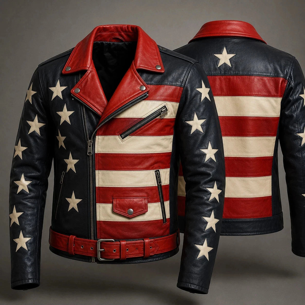 Men's Black Red American Flag Real Sheep Leather Biker USA Stars Stripes Jacket